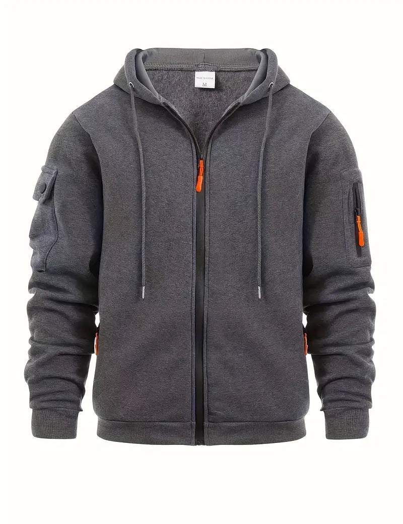 Men's Zip-Up Hoodie with Utility Pockets and Drawstring Hood