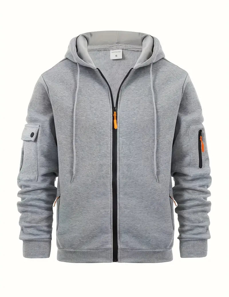 Men's Zip-Up Hoodie with Utility Pockets and Drawstring Hood