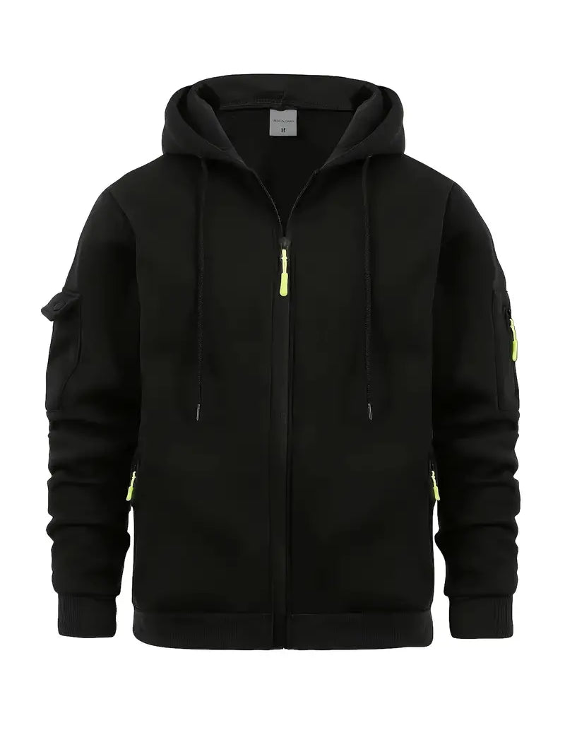 Men's Zip-Up Hoodie with Utility Pockets and Drawstring Hood