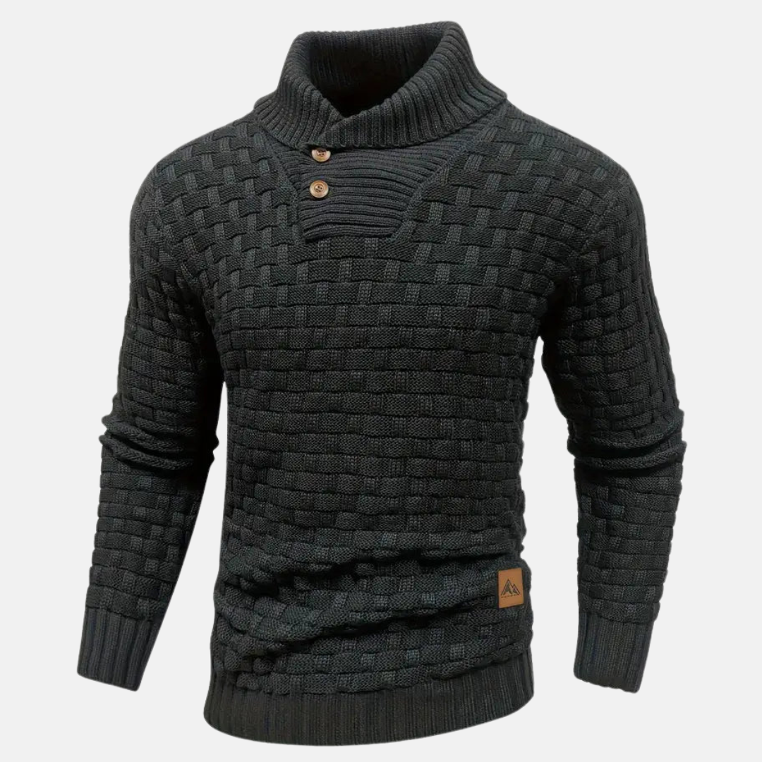 Men’s Textured Knit Jumper with Shawl Collar and Button Detail