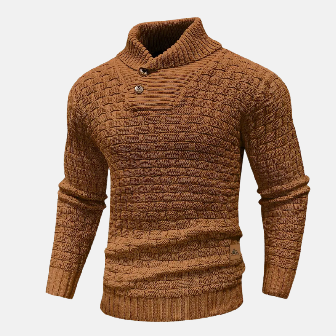 Men’s Textured Knit Jumper with Shawl Collar and Button Detail