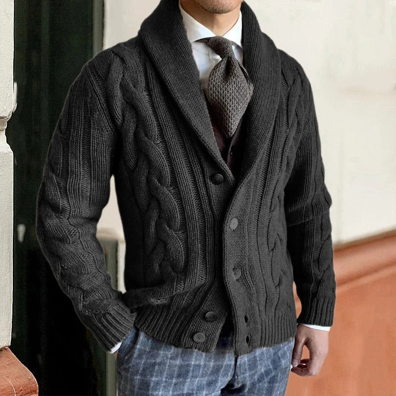 Men's Cable-Knit Cardigan with Shawl Collar and Button Closure