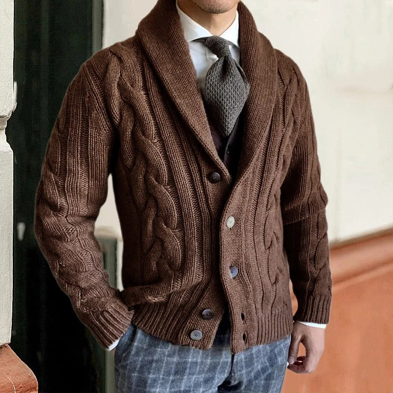 Men's Cable-Knit Cardigan with Shawl Collar and Button Closure