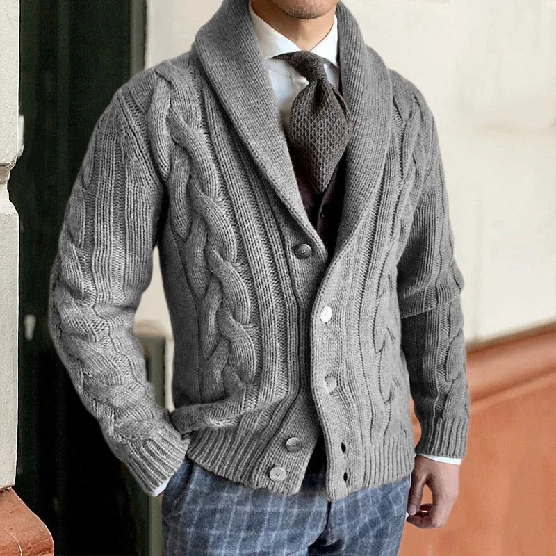 Men's Cable-Knit Cardigan with Shawl Collar and Button Closure