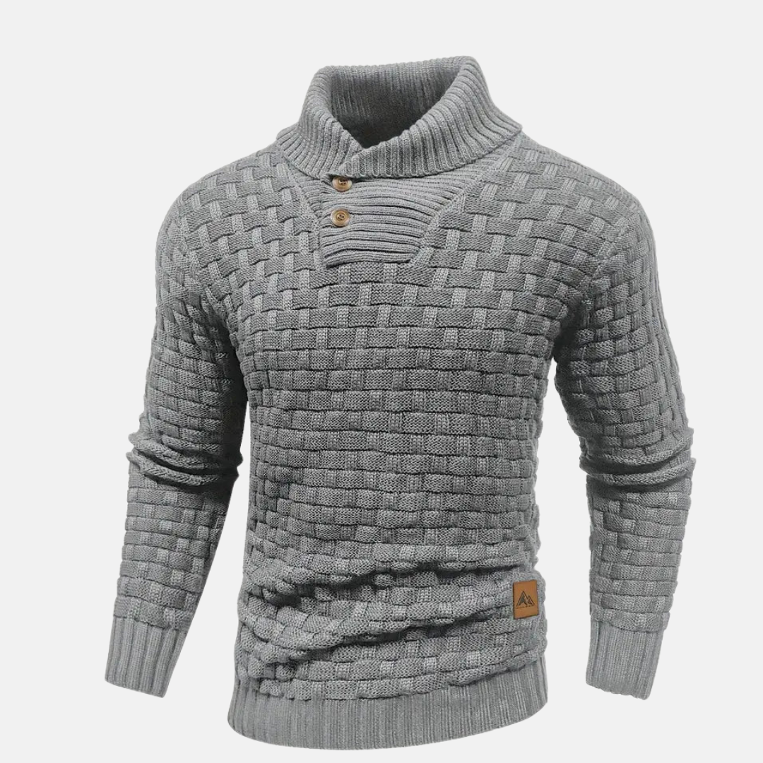 Men’s Textured Knit Jumper with Shawl Collar and Button Detail