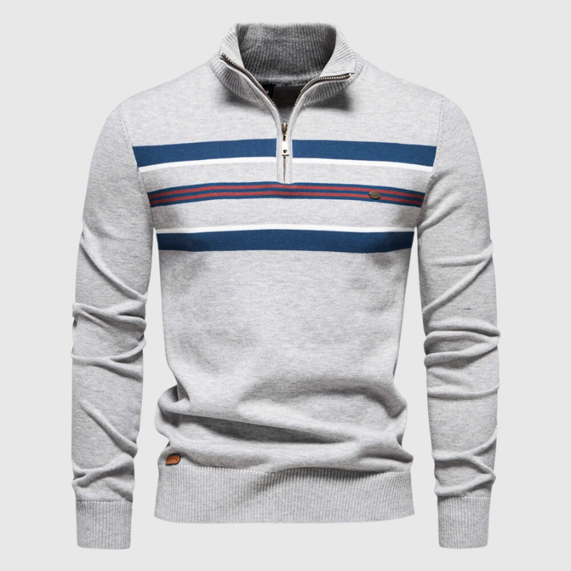 Men’s Half-Zip Striped Jumper with Modern Contrast Chest Design