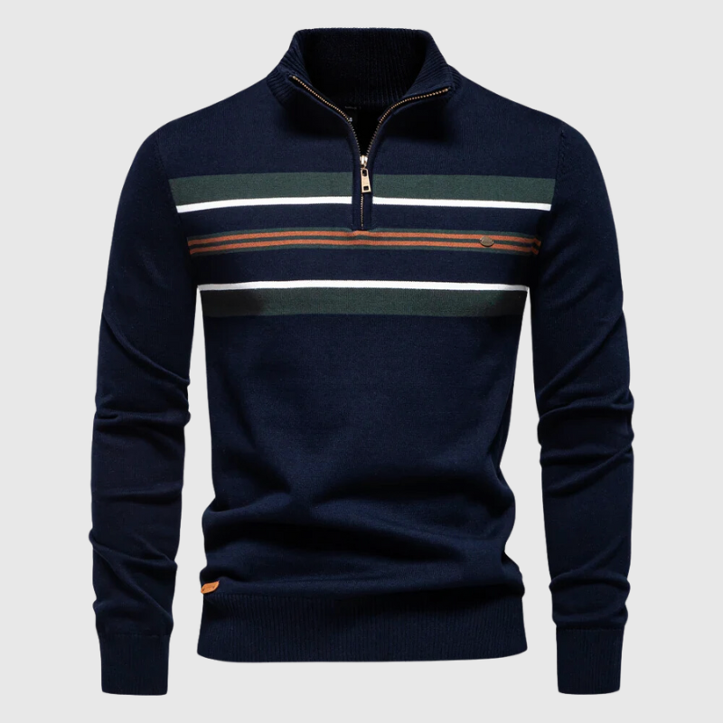 Men’s Half-Zip Striped Jumper with Modern Contrast Chest Design