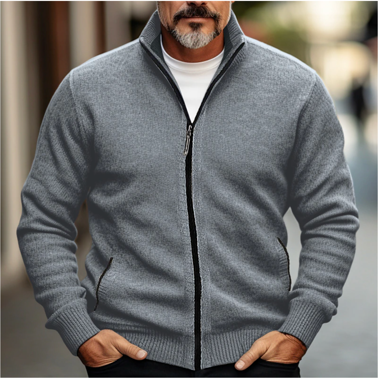 Men's Zip-Up Cardigan with High Collar and Soft Knit Finish
