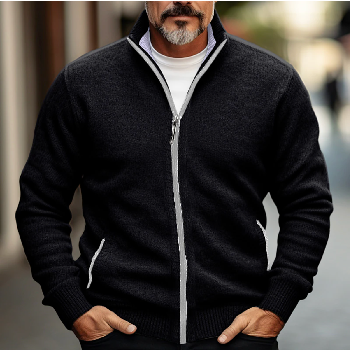 Men's Zip-Up Cardigan with High Collar and Soft Knit Finish
