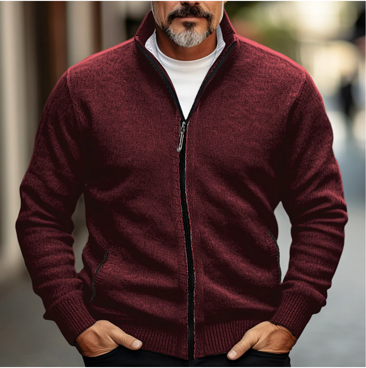 Men's Zip-Up Cardigan with High Collar and Soft Knit Finish