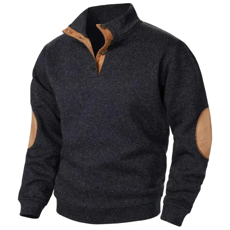 Men’s Button Neck Jumper with Stand Collar and Elbow Patches