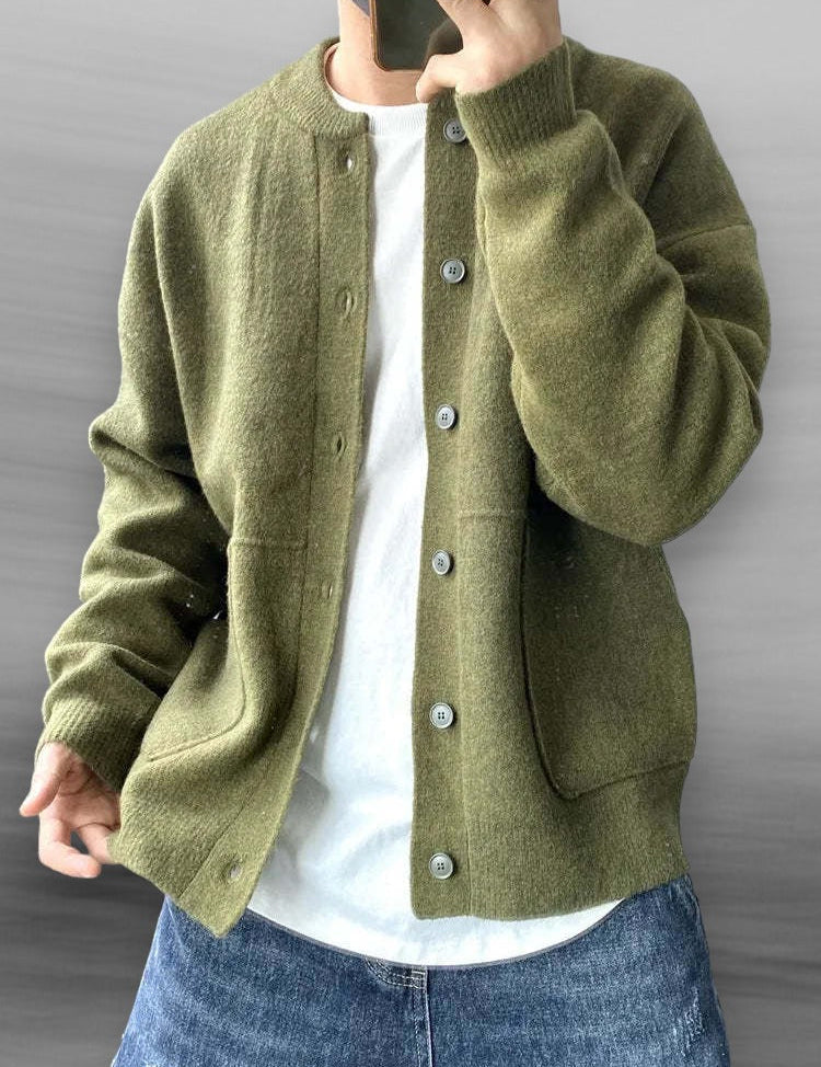 Men's Casual Button-Up Cardigan with Bomber Collar and Pockets