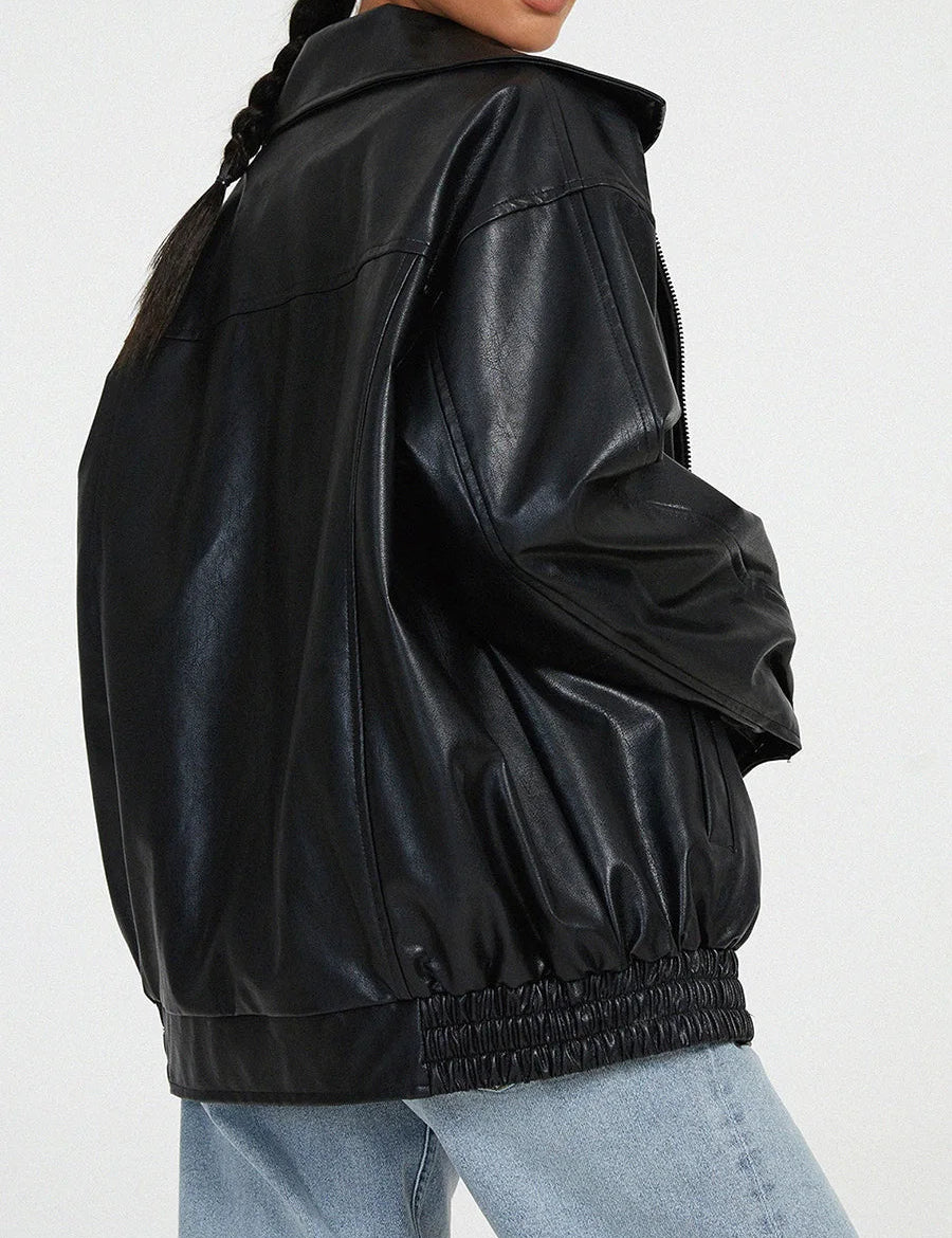 Women's Oversized Leather Bomber Jacket with Zipper Front