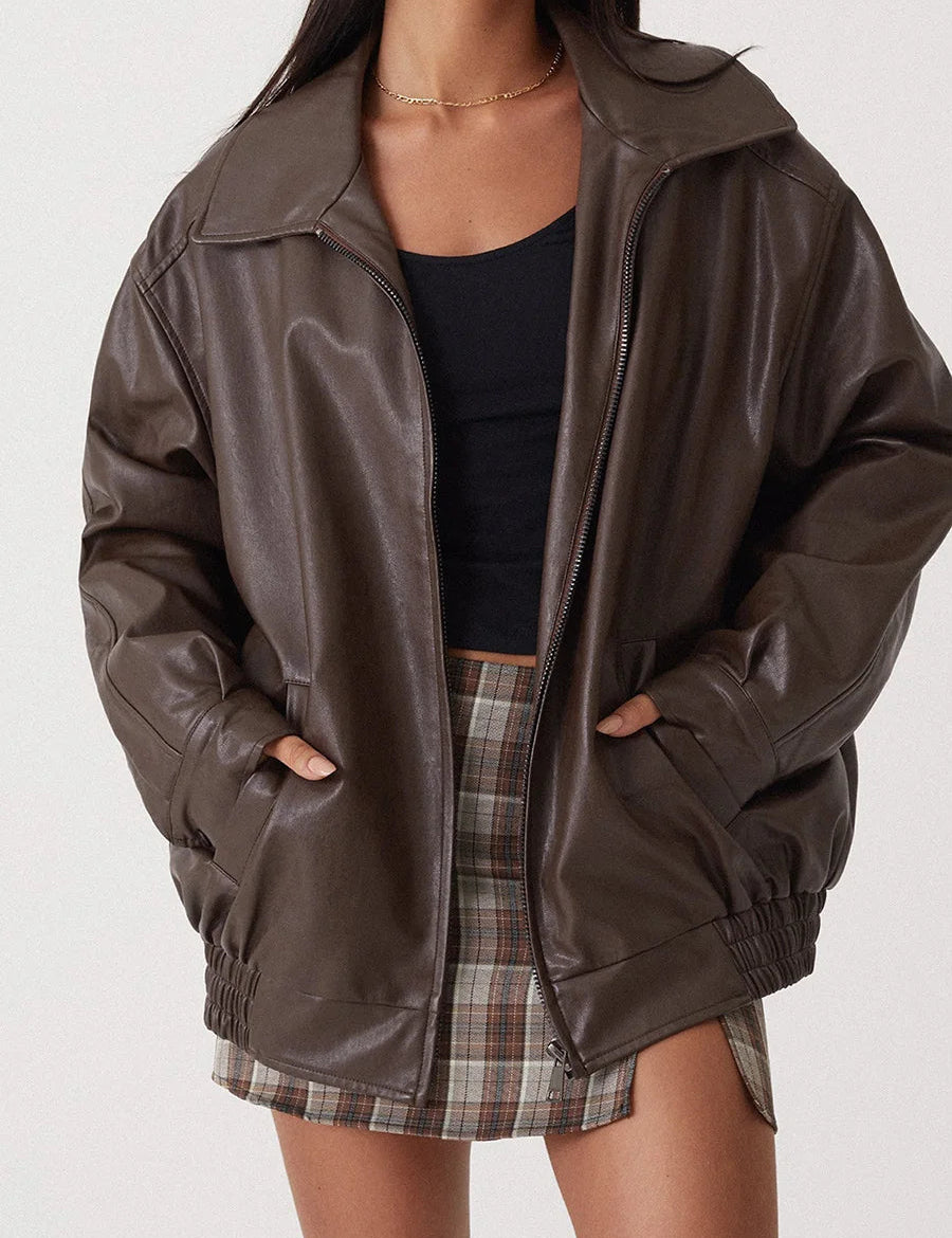 Women's Oversized Leather Bomber Jacket with Zipper Front