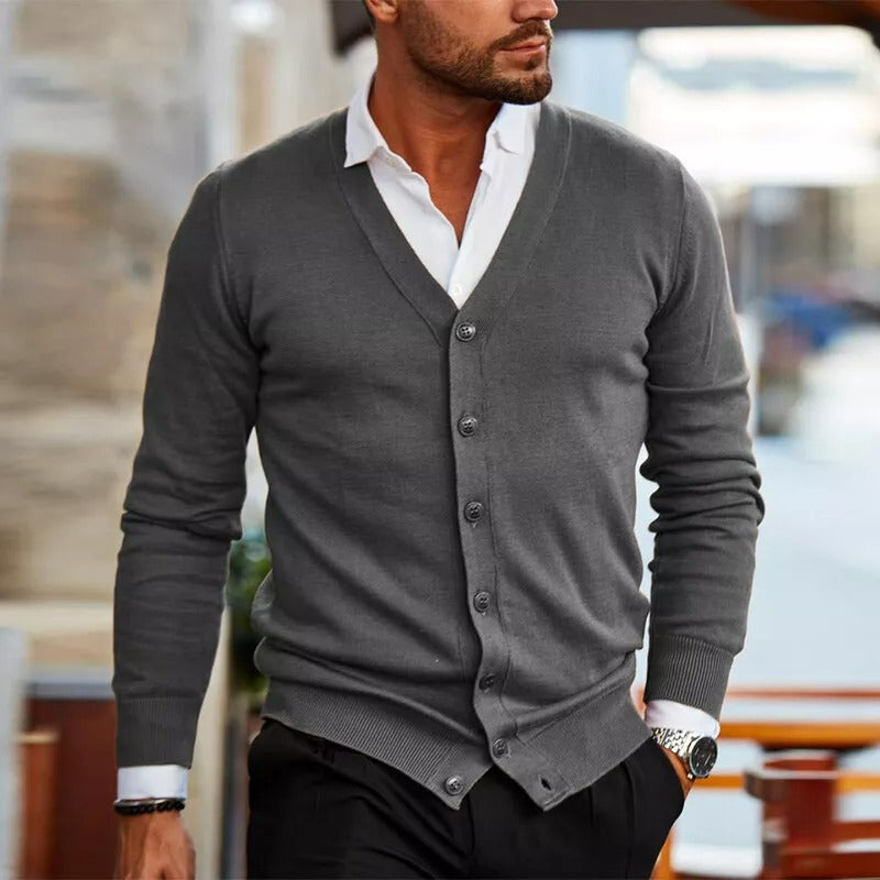 Men's Slim Fit V-Neck Cardigan with Button Front and Ribbed Hem