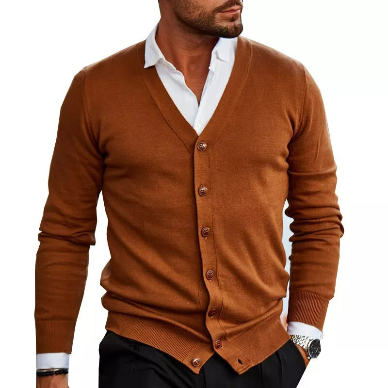 Men's Slim Fit V-Neck Cardigan with Button Front and Ribbed Hem