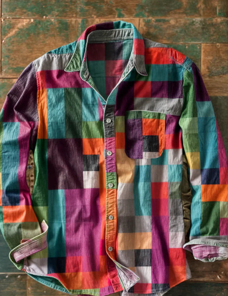 Men's Long Sleeve Patchwork Shirt with Pocket and Button Front