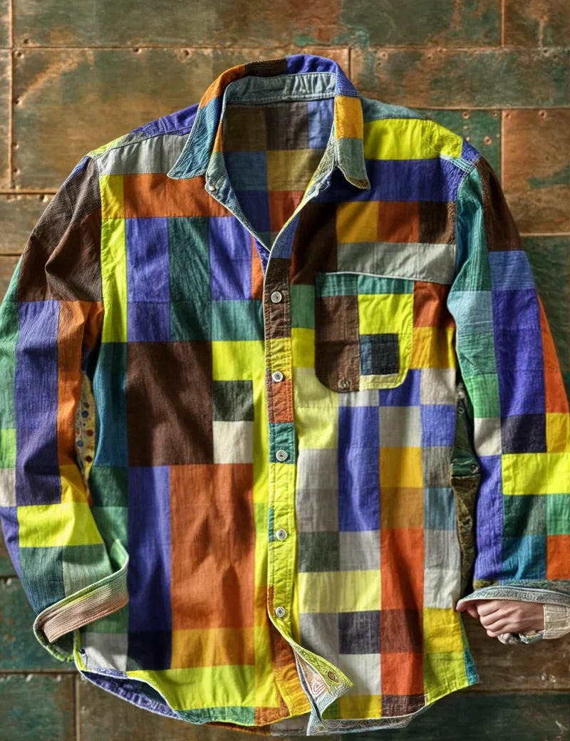 Men's Long Sleeve Patchwork Shirt with Pocket and Button Front