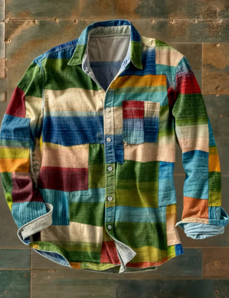 Men's Long Sleeve Patchwork Shirt with Pocket and Button Front