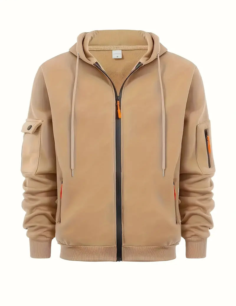 Men's Zip-Up Hoodie with Utility Pockets and Drawstring Hood