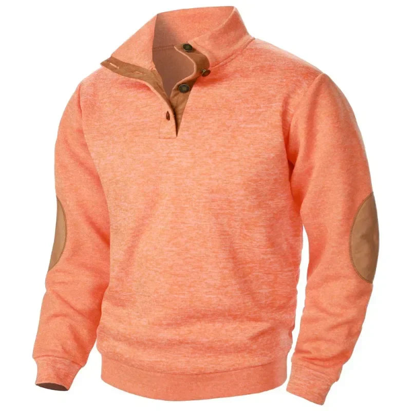 Men’s Button Neck Jumper with Stand Collar and Elbow Patches